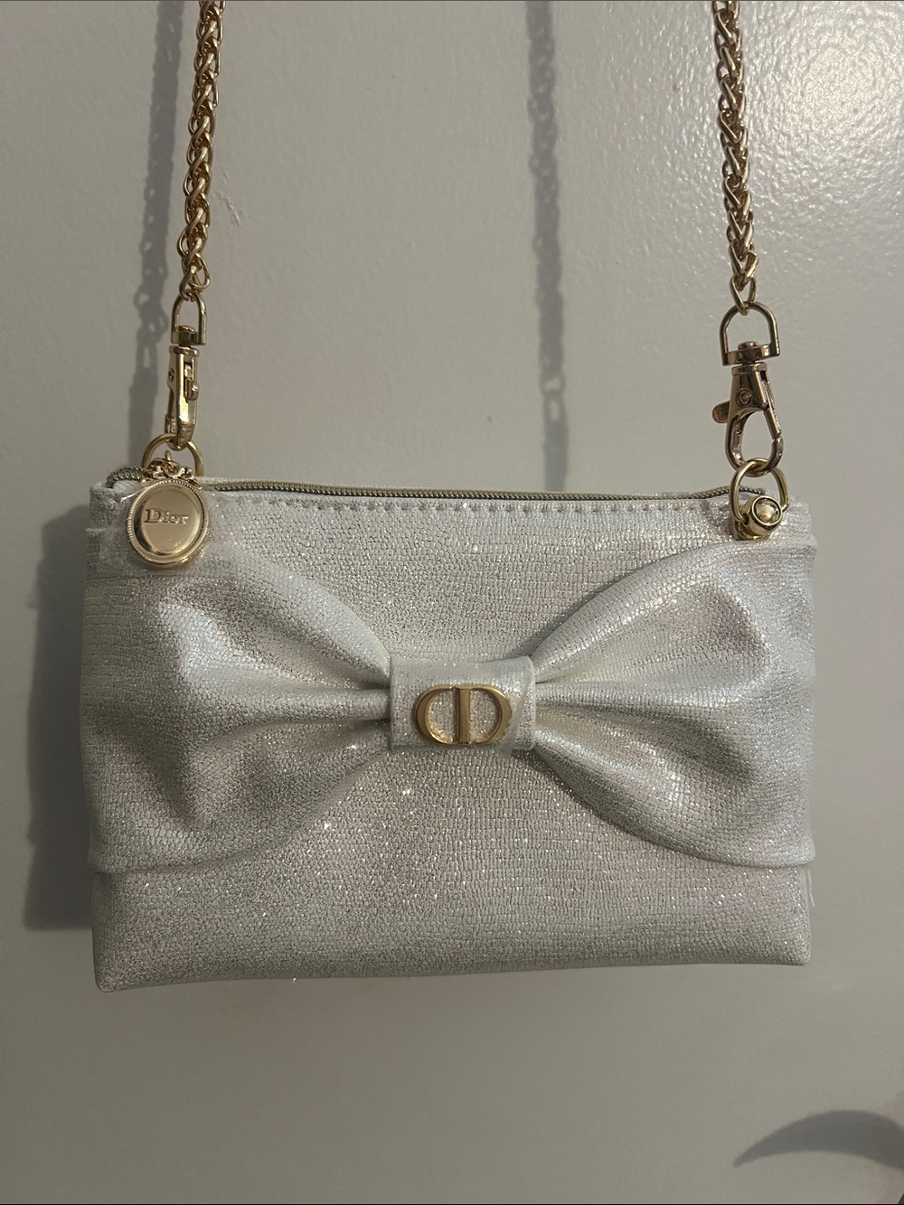 Dior Shimmery White Bow Shoulder Clutch with Gold Chain
